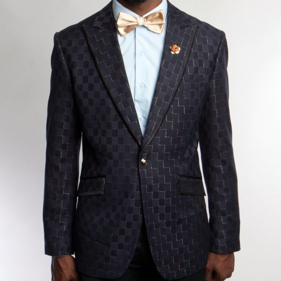 Navy and Gold Mens Blazer Jacket w/ Peak Lapel